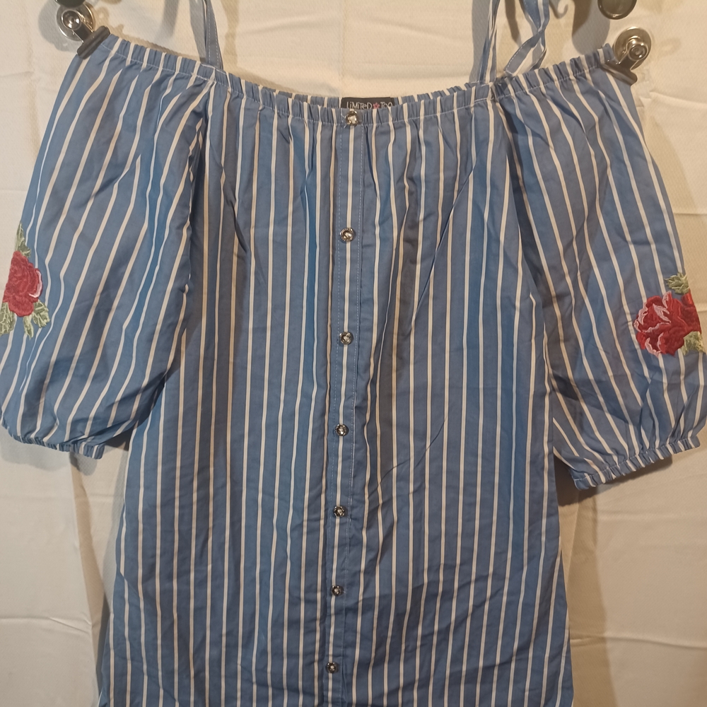 Limited Too Blue Striped Off-Shoulder Top with Floral Embroidery Size 8/10 (C)